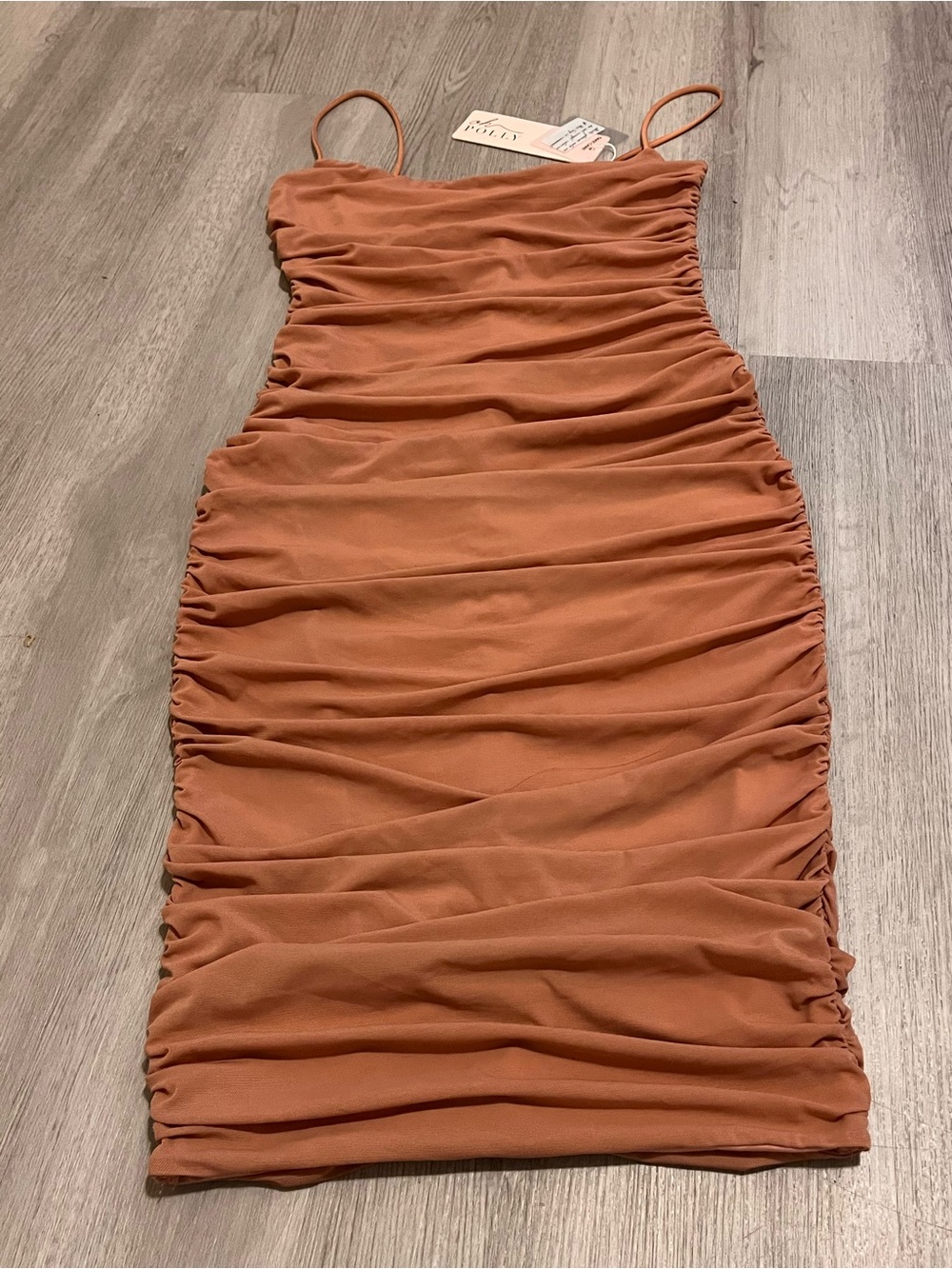 Ruched Spaghetti-Strap Mini Dress in Rust
